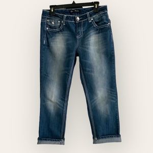 Love Nation Capris Dark Wash Unique Fade Rhinestone Accent Crop Jeans sz 8